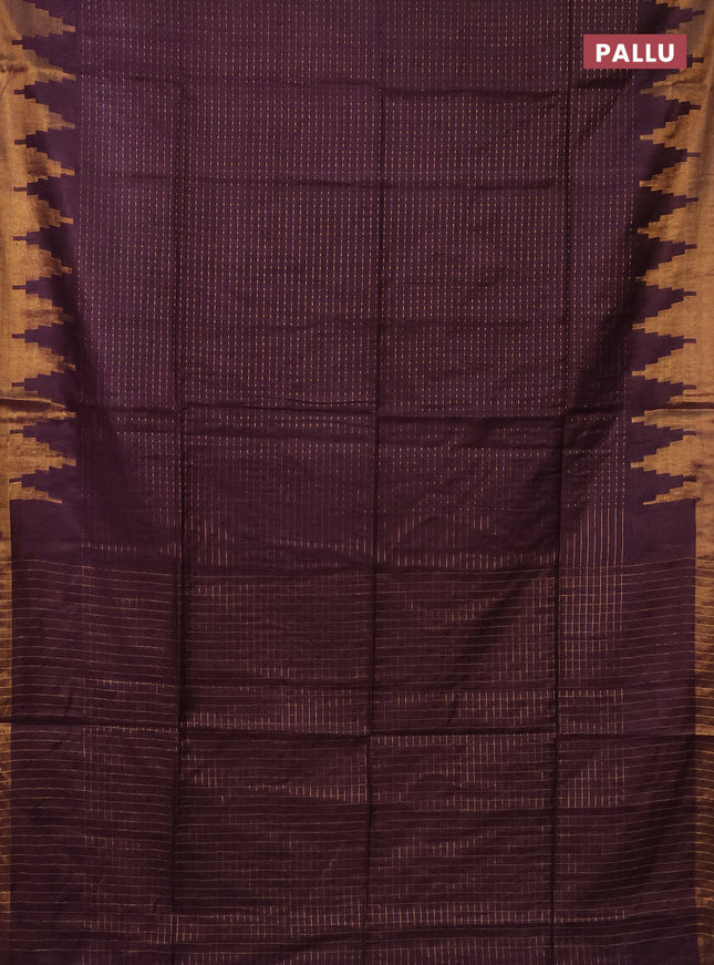 Semi bamboo saree wine shade with allover zari weaves and temple design zari woven border