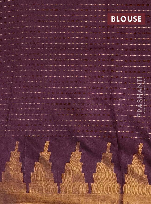 Semi bamboo saree wine shade with allover zari weaves and temple design zari woven border