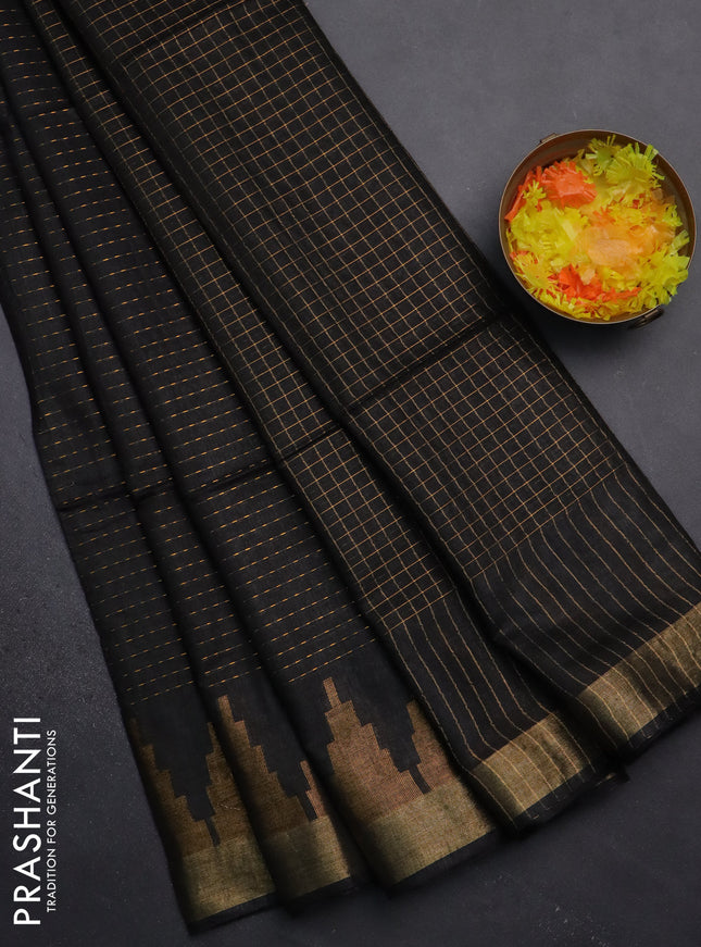 Semi bamboo saree black with allover zari weaves and temple design zari woven border