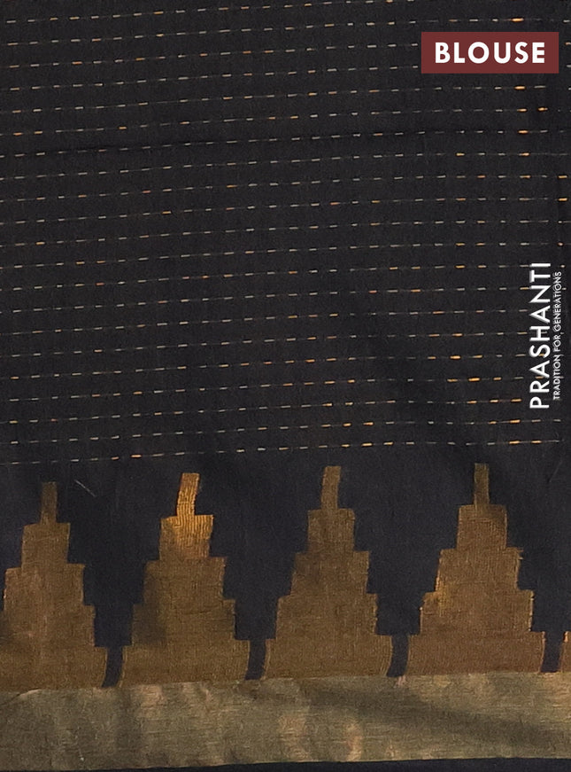Semi bamboo saree black with allover zari weaves and temple design zari woven border