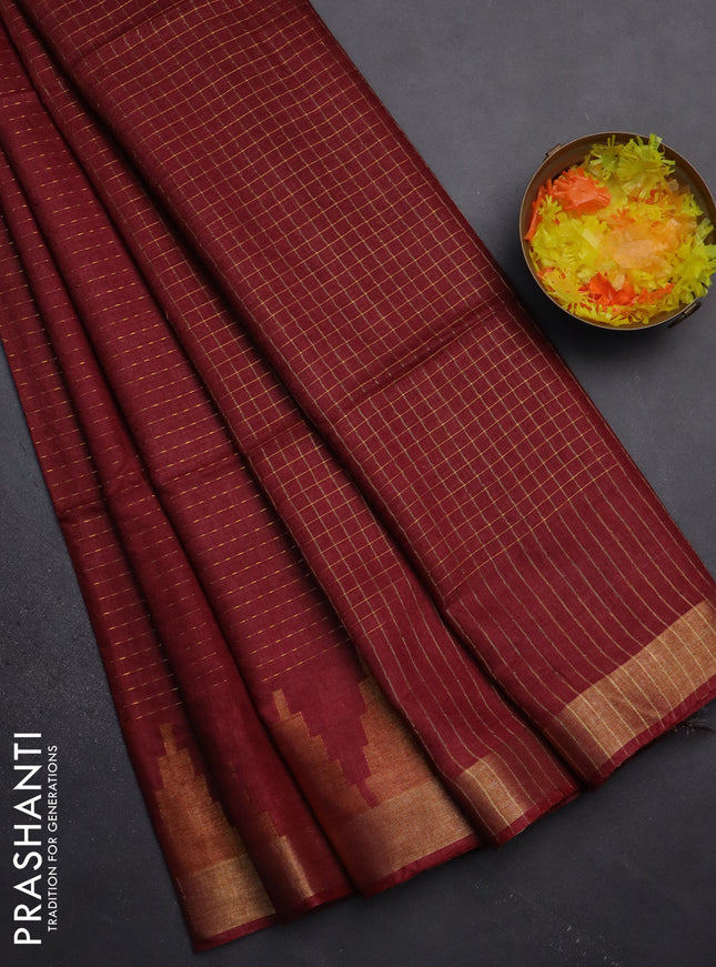 Semi bamboo saree maroon with allover zari weaves and temple design zari woven border