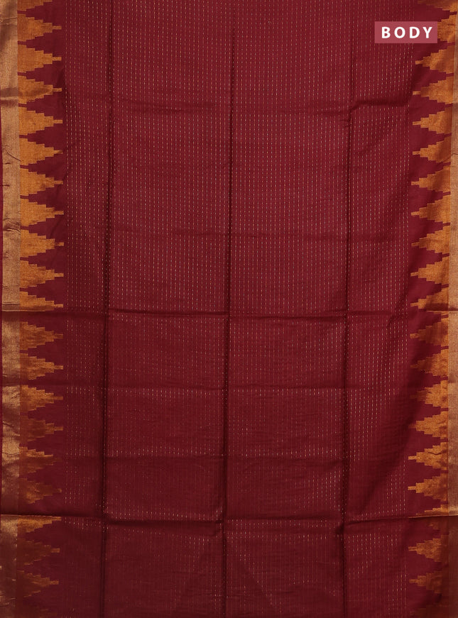 Semi bamboo saree maroon with allover zari weaves and temple design zari woven border