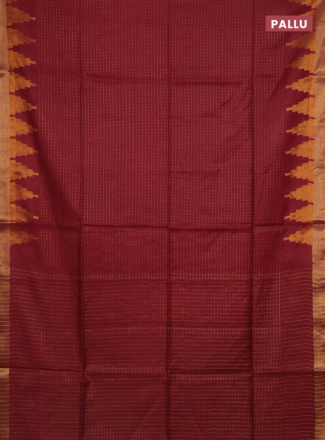 Semi bamboo saree maroon with allover zari weaves and temple design zari woven border