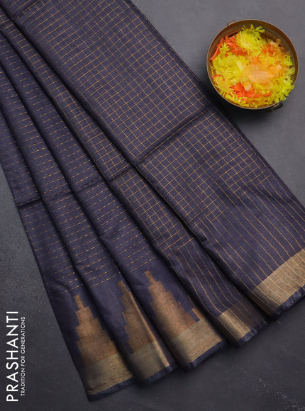Semi bamboo saree bluish grey with allover zari weaves and temple design zari woven border
