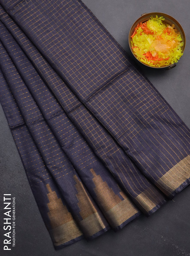 Semi bamboo saree bluish grey with allover zari weaves and temple design zari woven border