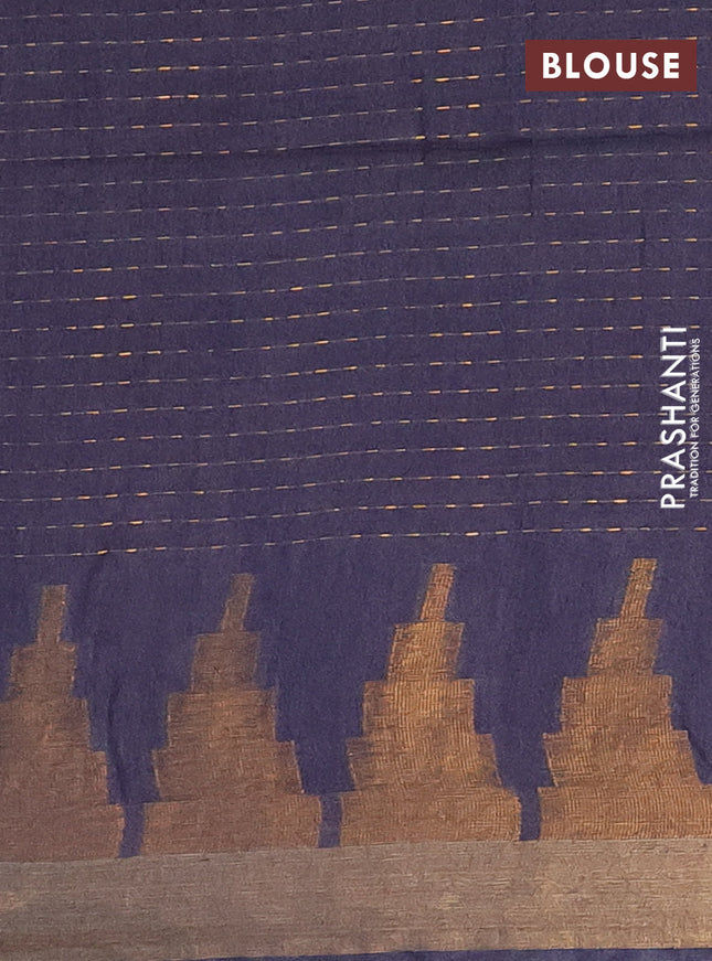 Semi bamboo saree bluish grey with allover zari weaves and temple design zari woven border