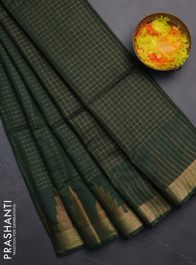 Semi bamboo saree green with allover zari weaves and temple design zari woven border