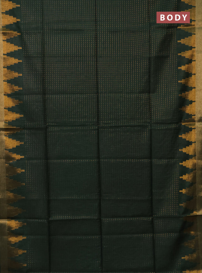 Semi bamboo saree green with allover zari weaves and temple design zari woven border