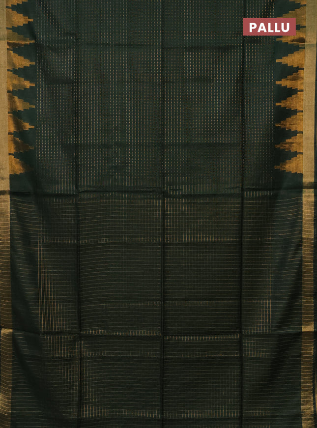 Semi bamboo saree green with allover zari weaves and temple design zari woven border