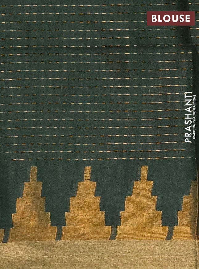 Semi bamboo saree green with allover zari weaves and temple design zari woven border