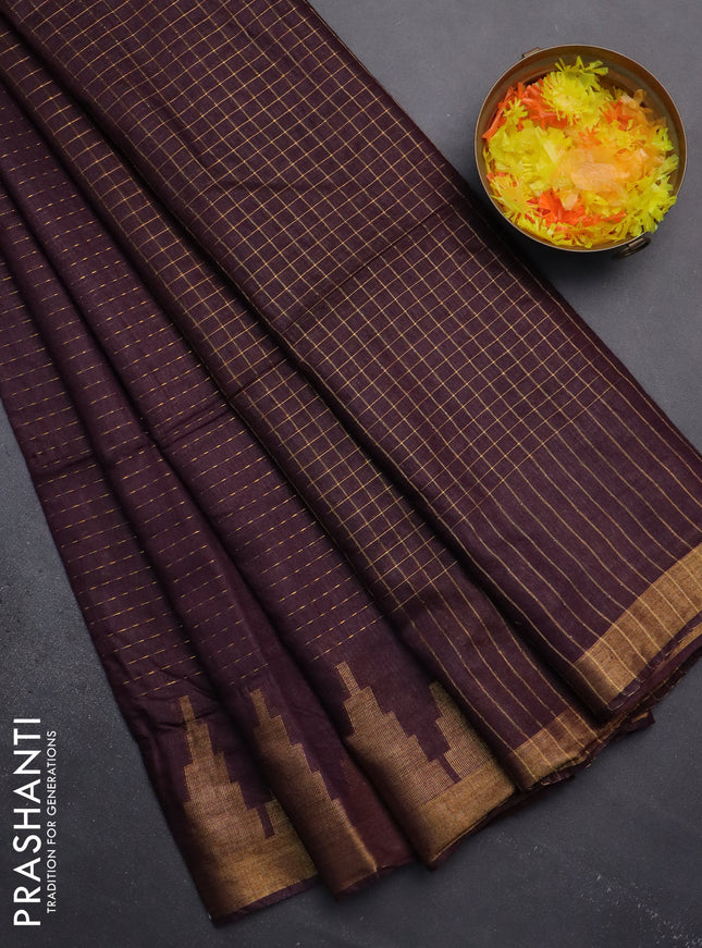 Semi bamboo saree deep jamun with allover zari weaves and temple design zari woven border