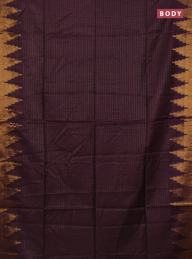 Semi bamboo saree deep jamun with allover zari weaves and temple design zari woven border