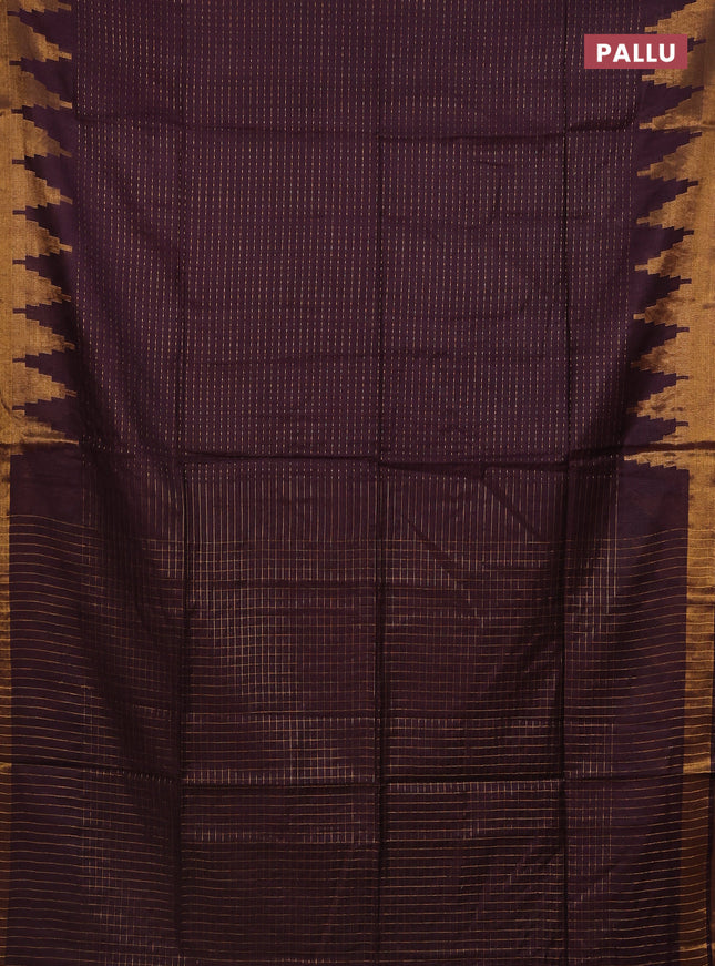 Semi bamboo saree deep jamun with allover zari weaves and temple design zari woven border