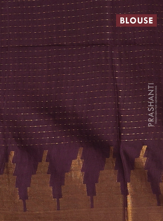 Semi bamboo saree deep jamun with allover zari weaves and temple design zari woven border