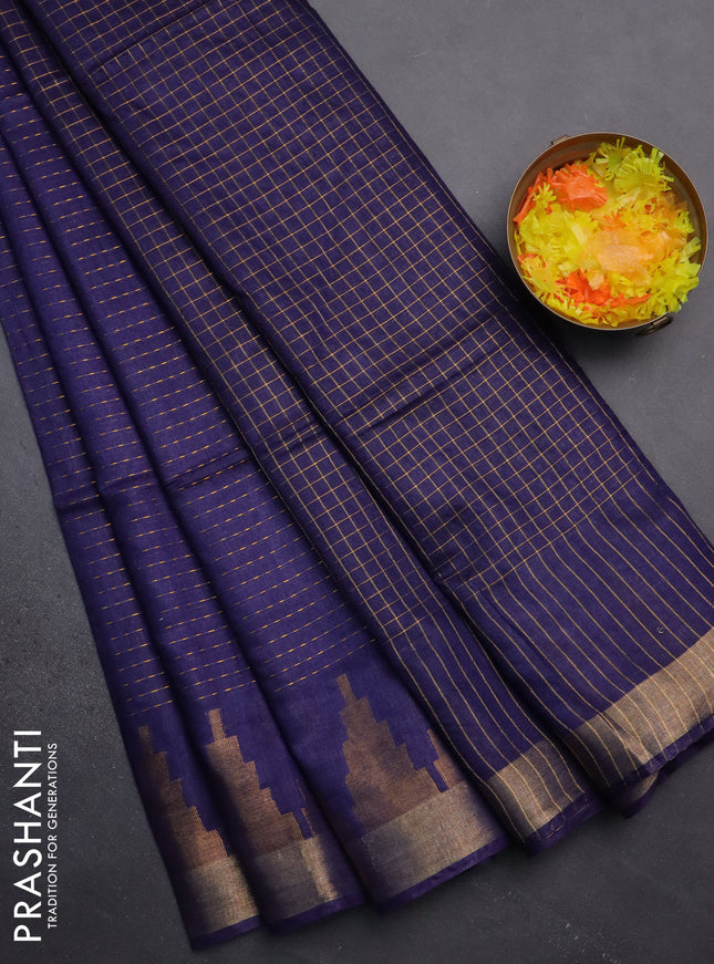 Semi bamboo saree navy blue with allover zari weaves and temple design zari woven border