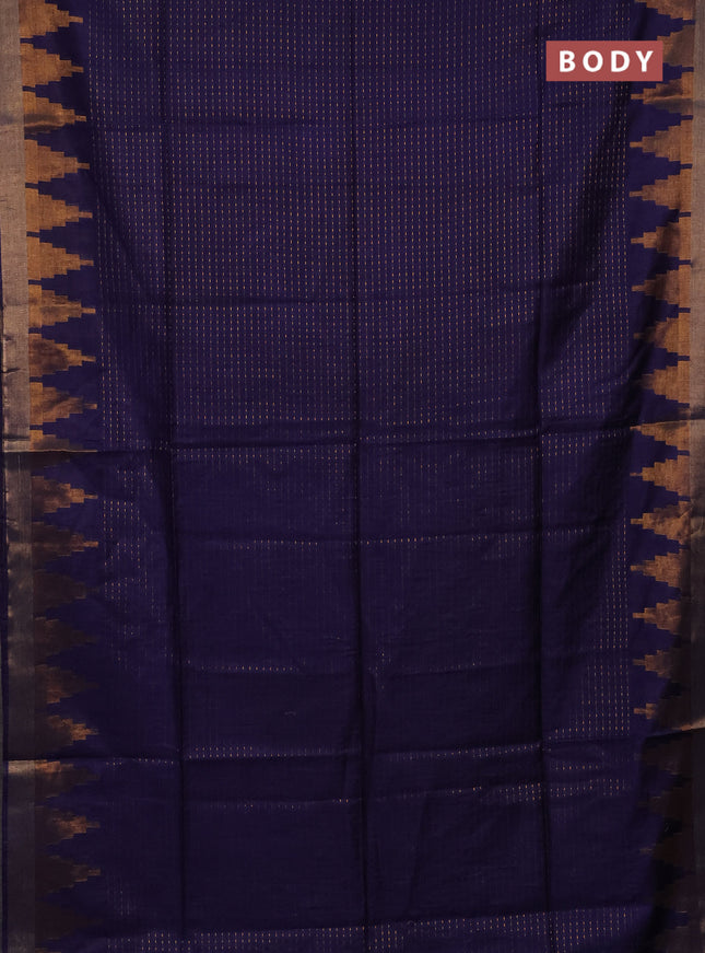 Semi bamboo saree navy blue with allover zari weaves and temple design zari woven border