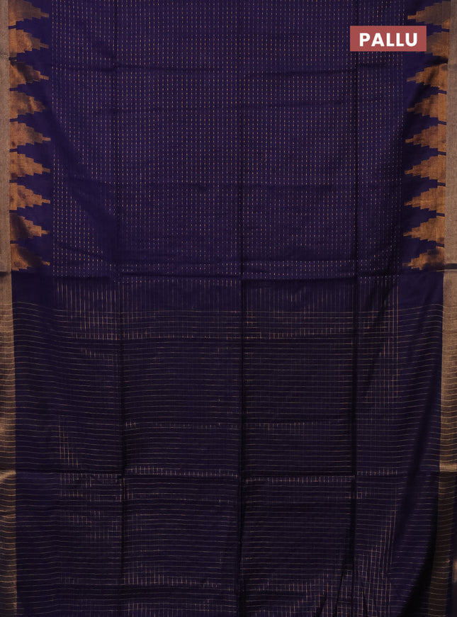 Semi bamboo saree navy blue with allover zari weaves and temple design zari woven border
