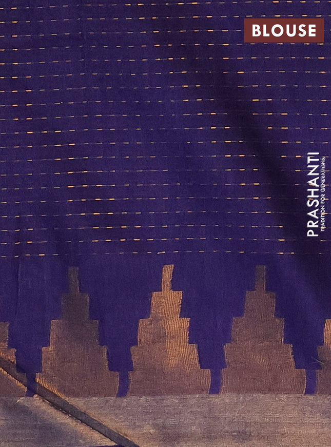 Semi bamboo saree navy blue with allover zari weaves and temple design zari woven border