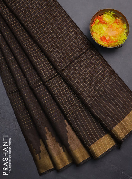 Semi bamboo saree coffee brown with allover zari weaves and temple design zari woven border