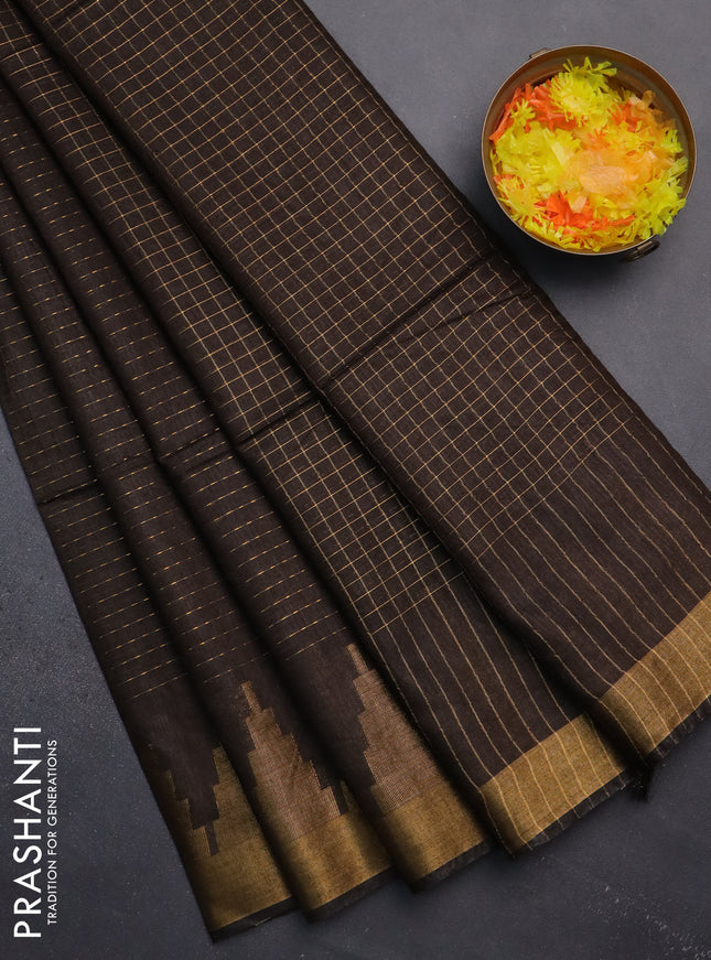 Semi bamboo saree coffee brown with allover zari weaves and temple design zari woven border