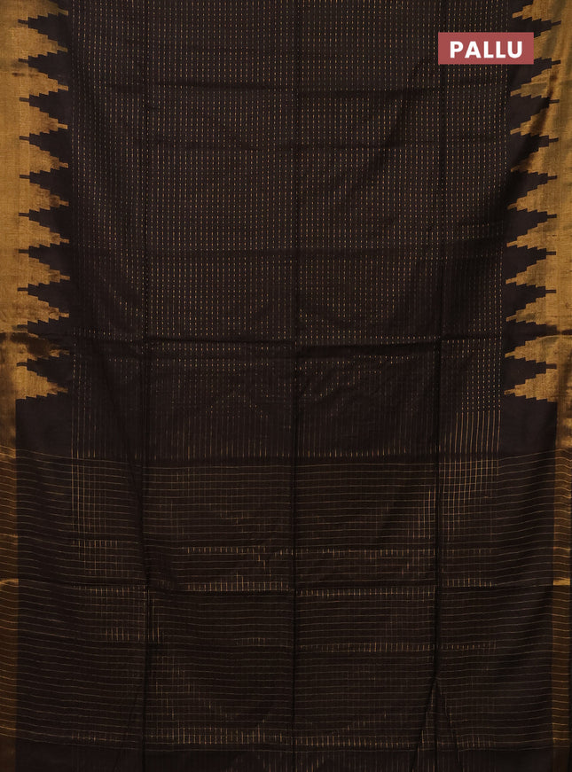 Semi bamboo saree coffee brown with allover zari weaves and temple design zari woven border