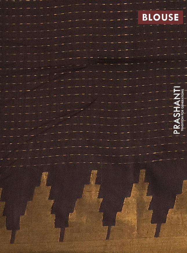 Semi bamboo saree coffee brown with allover zari weaves and temple design zari woven border