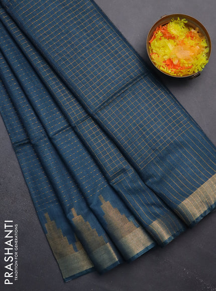 Semi bamboo saree peacock blue with allover zari weaves and temple design zari woven border