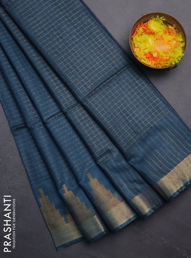 Semi bamboo saree peacock blue with allover zari weaves and temple design zari woven border