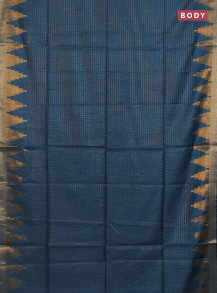 Semi bamboo saree peacock blue with allover zari weaves and temple design zari woven border