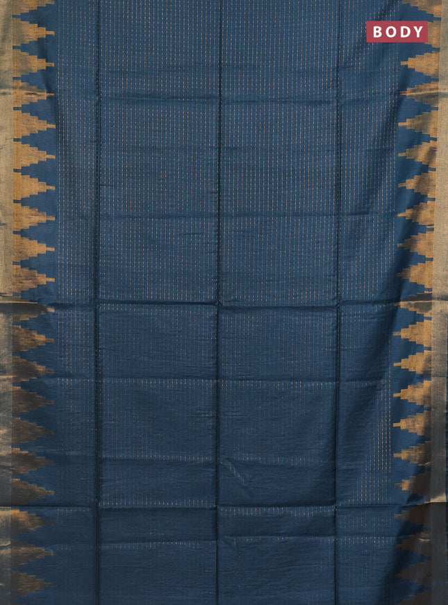 Semi bamboo saree peacock blue with allover zari weaves and temple design zari woven border