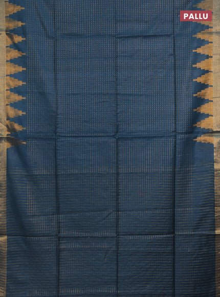 Semi bamboo saree peacock blue with allover zari weaves and temple design zari woven border