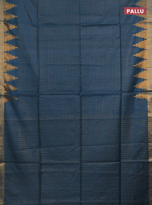 Semi bamboo saree peacock blue with allover zari weaves and temple design zari woven border