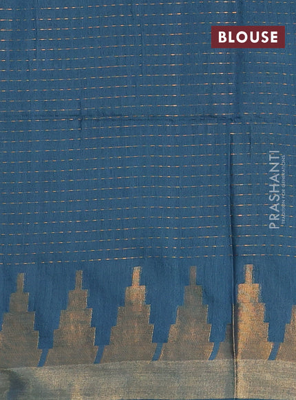Semi bamboo saree peacock blue with allover zari weaves and temple design zari woven border