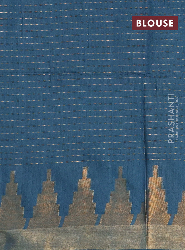 Semi bamboo saree peacock blue with allover zari weaves and temple design zari woven border