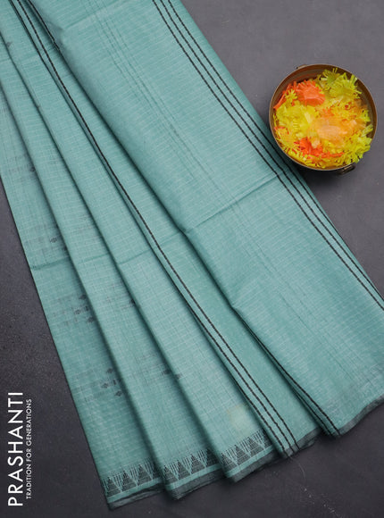 Semi bamboo saree pastel green with allover checked pattern & thread buttas and woven border