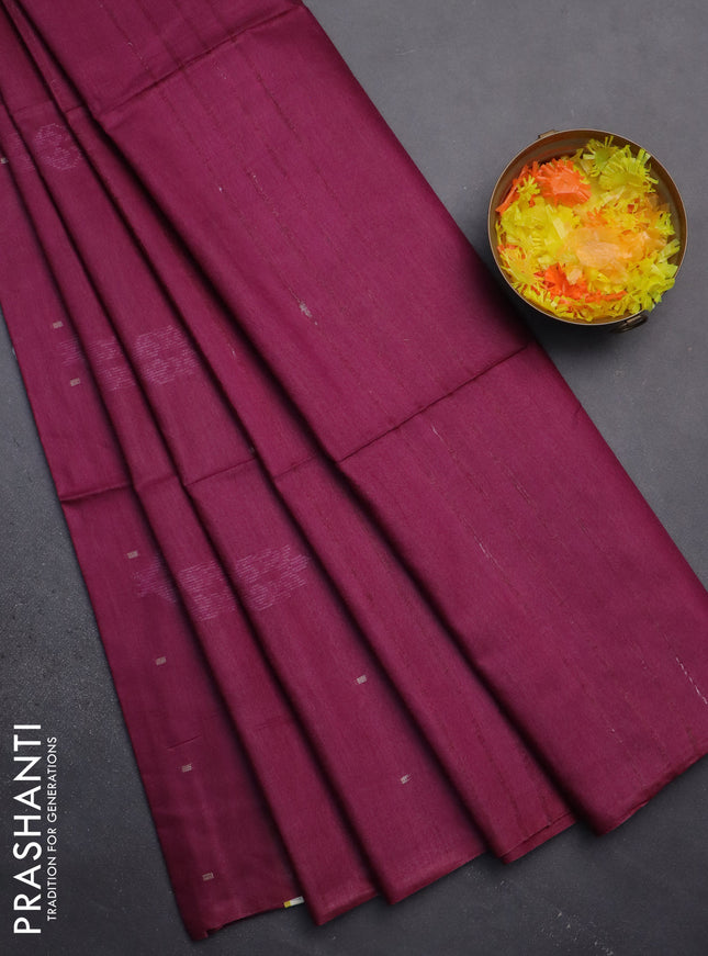Semi bamboo saree dark magenta pink with thread & zari woven buttas in borderless style