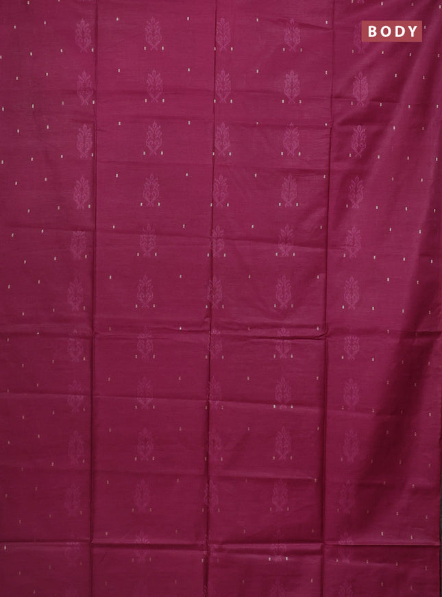 Semi bamboo saree dark magenta pink with thread & zari woven buttas in borderless style