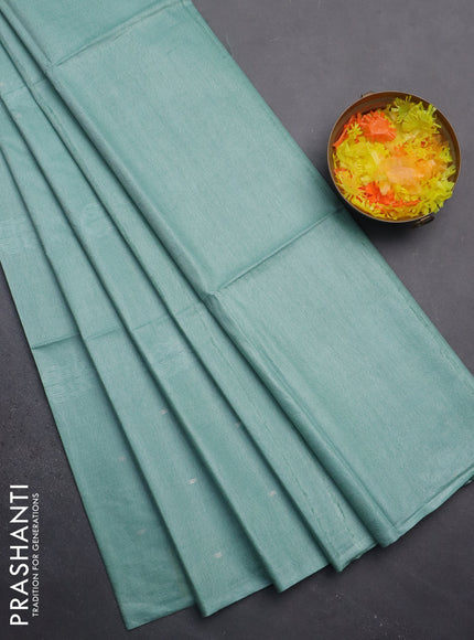 Semi bamboo saree teal green shade with thread & zari woven buttas in borderless style