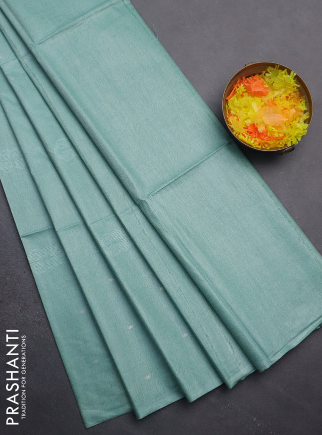 Semi bamboo saree teal green shade with thread & zari woven buttas in borderless style