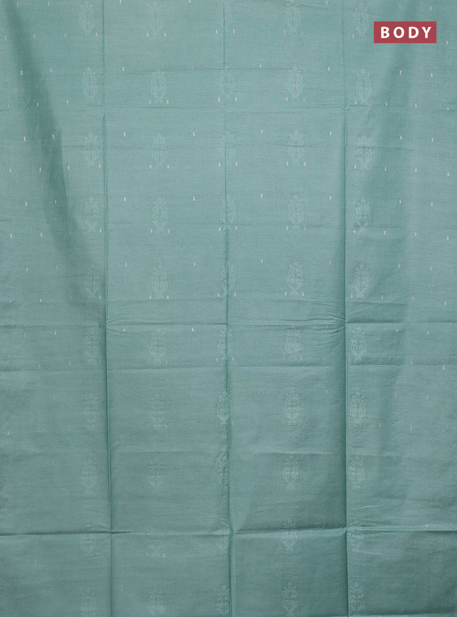 Semi bamboo saree teal green shade with thread & zari woven buttas in borderless style