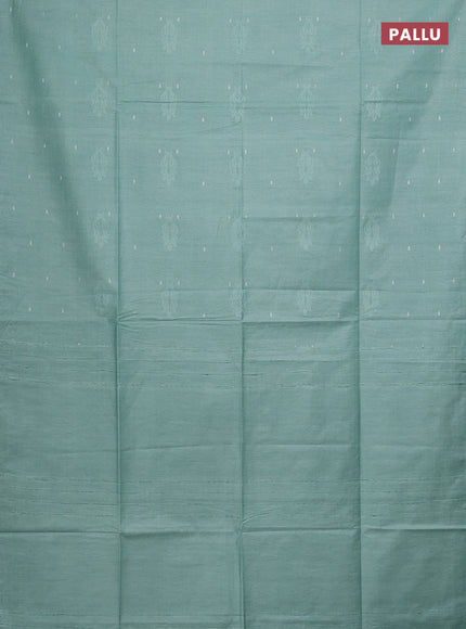 Semi bamboo saree teal green shade with thread & zari woven buttas in borderless style