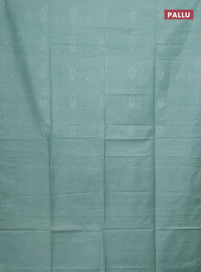 Semi bamboo saree teal green shade with thread & zari woven buttas in borderless style