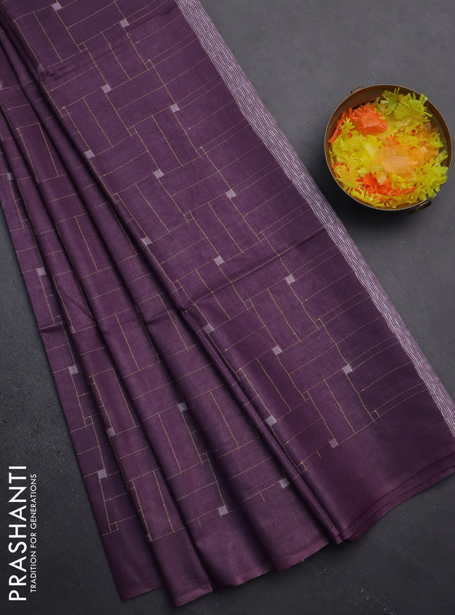 Semi bamboo saree lavender with allover thread weaves in borderless style