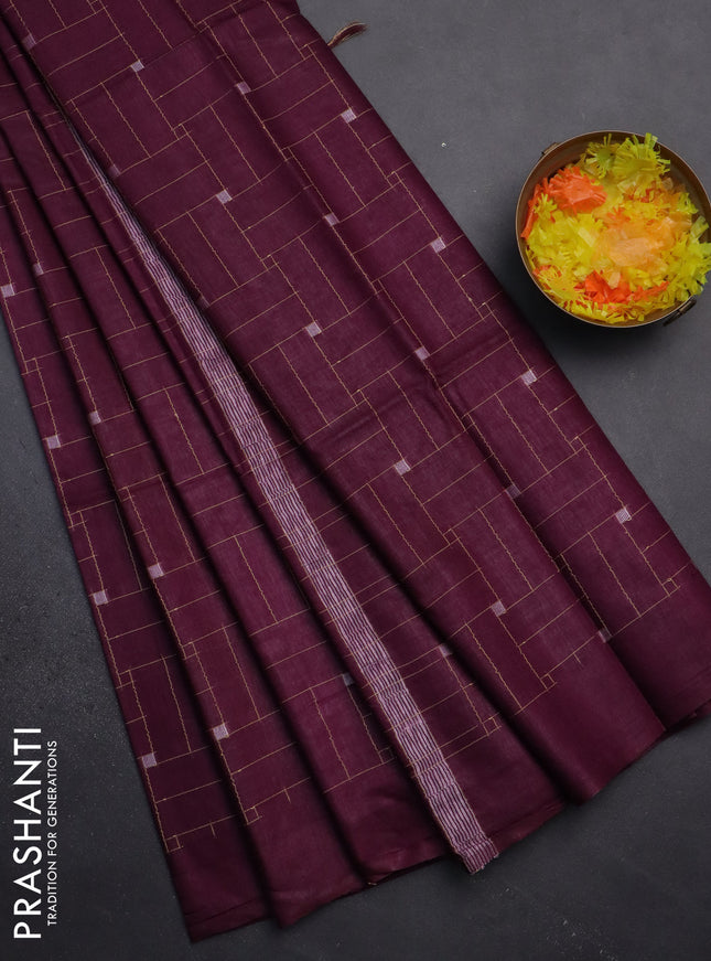 Semi bamboo saree wine shade with allover thread weaves in borderless style