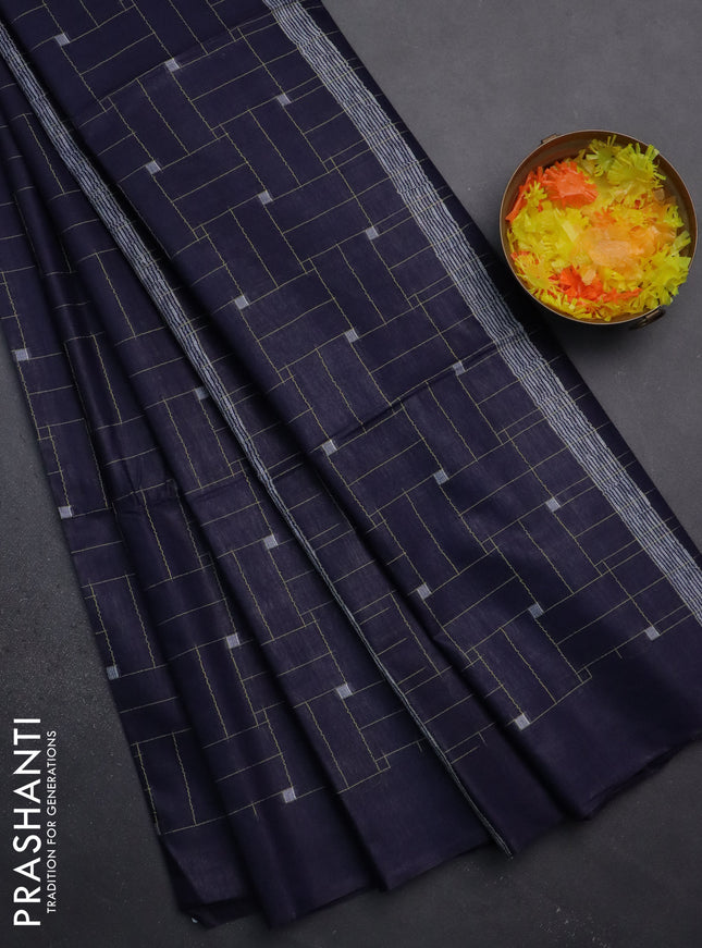 Semi bamboo saree navy blue with allover thread weaves in borderless style
