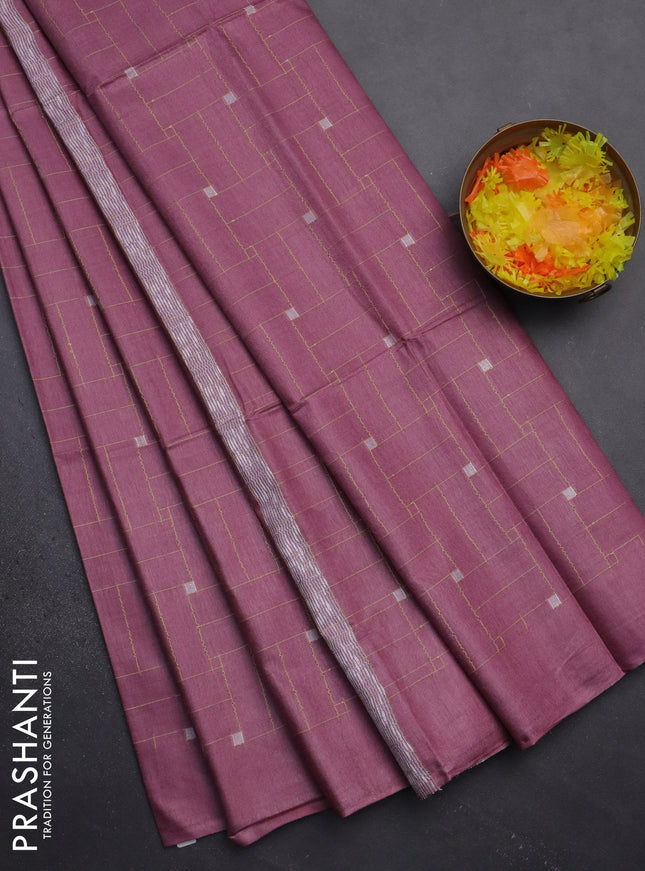 Semi bamboo saree mauve pink with allover thread weaves in borderless style