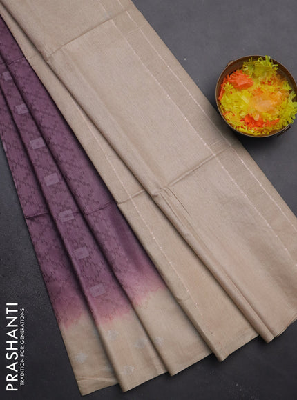 Semi bamboo saree wine shade and sandal with allover thread weaves and sequin work pallu