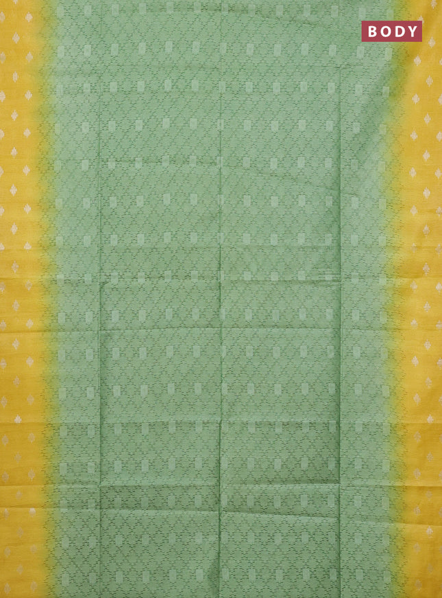 Semi bamboo saree green shade and yellow with allover thread weaves and sequin work pallu