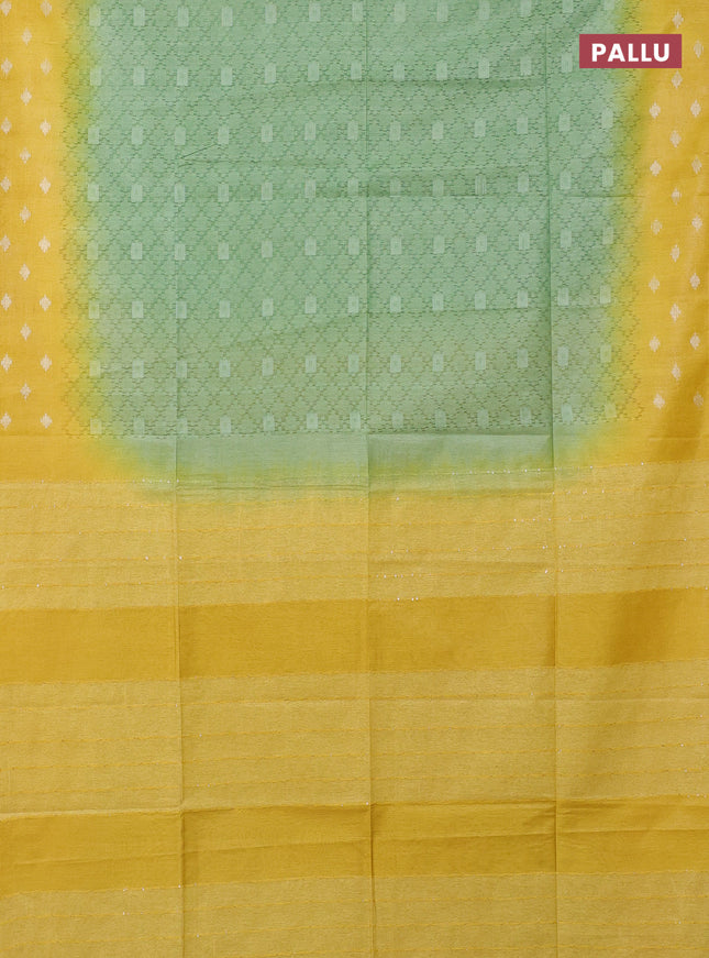 Semi bamboo saree green shade and yellow with allover thread weaves and sequin work pallu