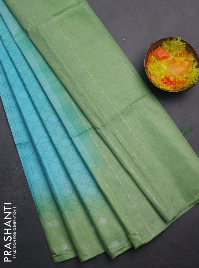 Semi bamboo saree light blue and pastel green with allover thread weaves and sequin work pallu